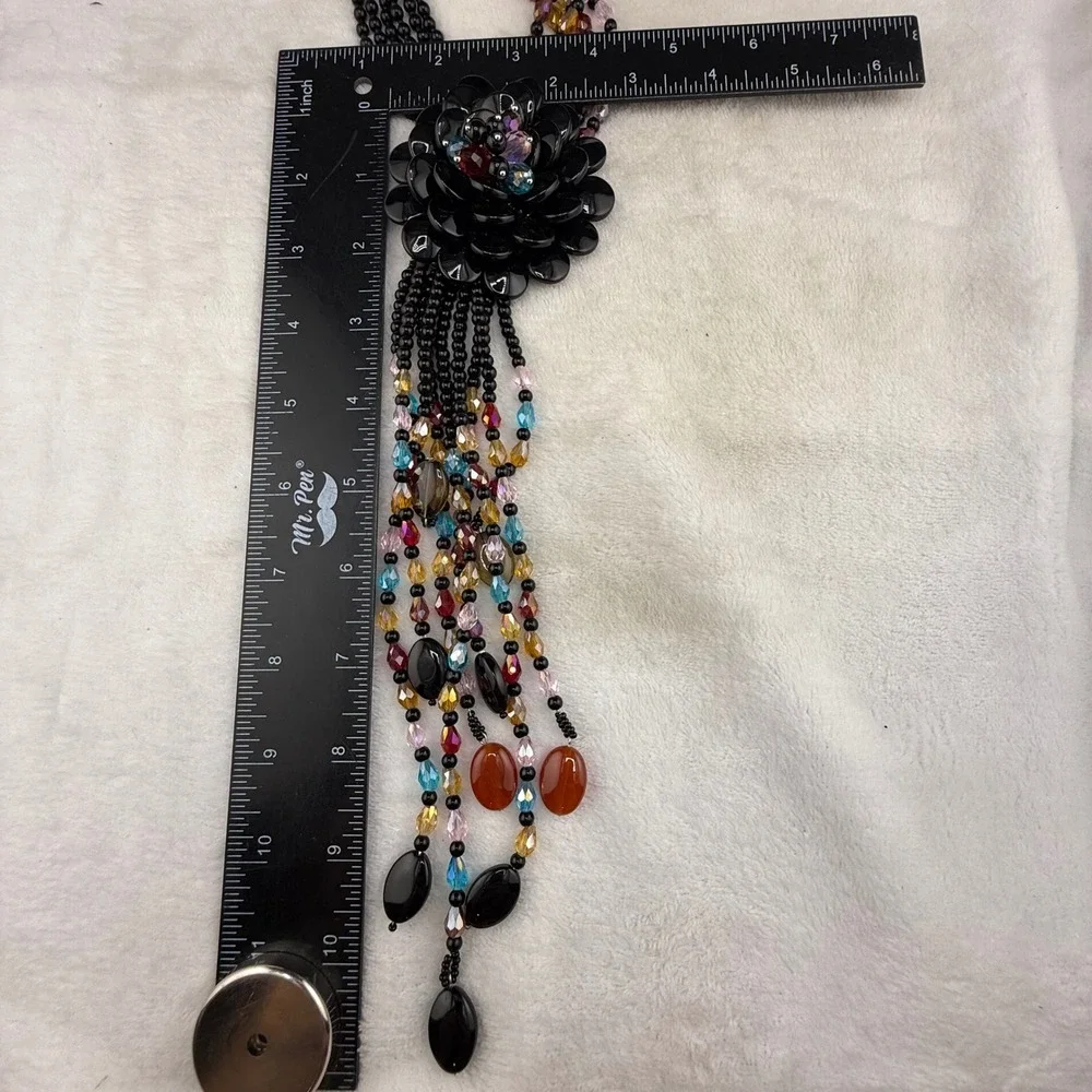 Joan Rivers Necklace Black Glass Floral Tassel Multi Strand 20